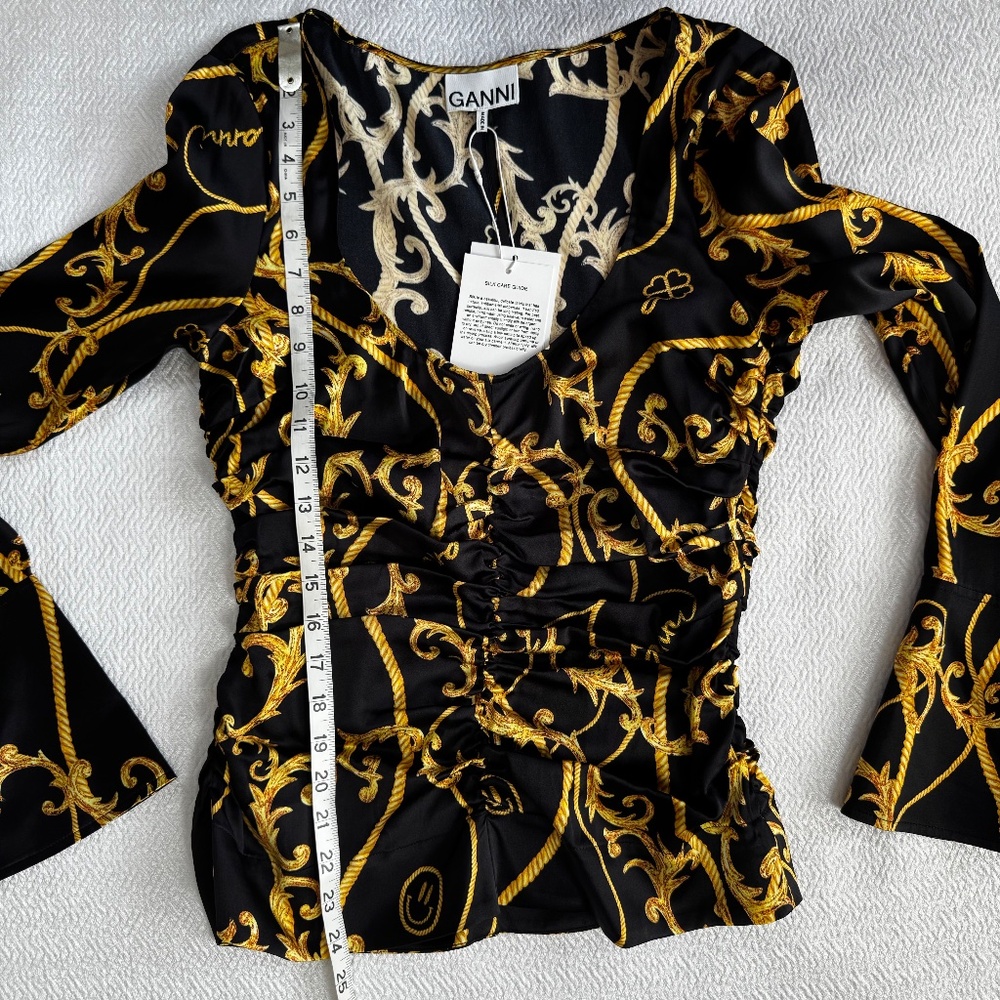 Ganni Silk Stretch Blouse Gathered Fitted Black & Gold Baroque - Picture 12 of 16